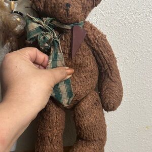 Vintage Brown Teddy Bear wooden red heart with Plaid Scarf